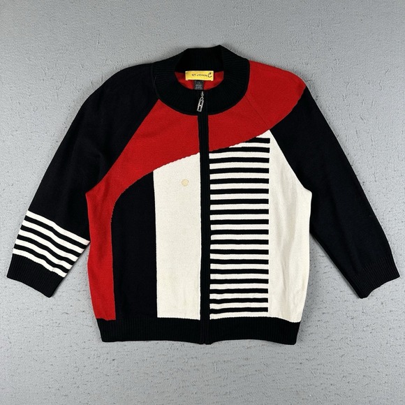 St. John Knit Zip Front Cardigan Jacket Womens Large Red Black White Striped - Picture 1 of 16